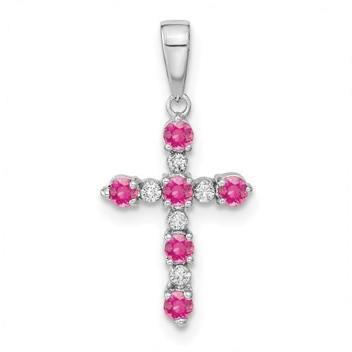 14k white gold pink tourmaline and diamond cross pendant with intricate design, elegant jewelry piece by Solomon Jewelers.