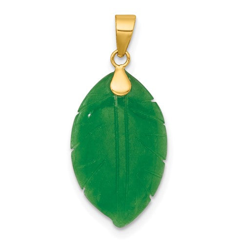 14K gold pendant with polished carved jade leaf design, elegant jewelry piece from Solomon Jewelers.