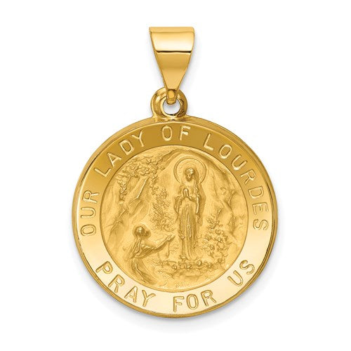14k-polished-and-satin-our-lady-of-lourdes-medal-hollow-pendant-SolomonJeweler-Wichita-KS-CustomJewelry