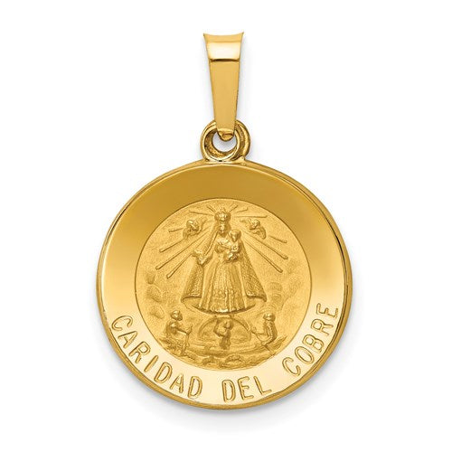 14k-polished-and-satin-caridad-del-cobre-medal-hollow-pendant-SolomonJeweler-Wichita-KS-CustomJewelry