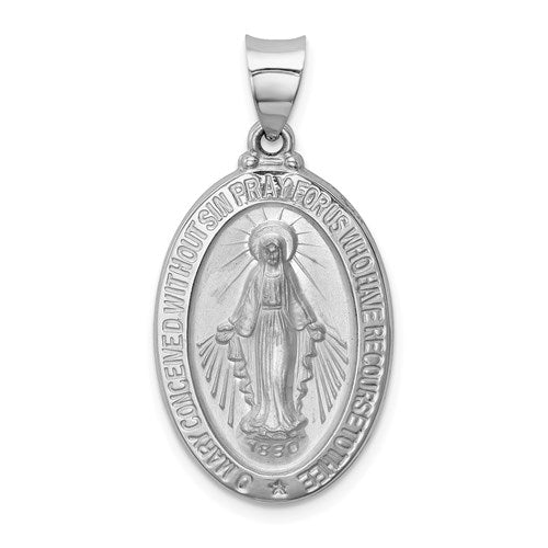 14k-white-gold-polished-satin-miraculous-medal-hollow-pendant-SolomonJeweler-Wichita-KS-CustomJewelry