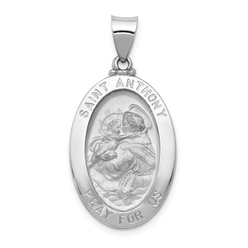 14k-white-gold-polished-satin-st-anthony-medal-hollow-pendant-SolomonJeweler-Wichita-KS-CustomJewelry