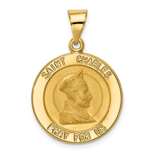14k-polished-and-satin-st-charles-medal-hollow-pendant-SolomonJeweler-Wichita-KS-CustomJewelry