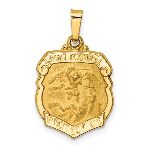 14k-polished-and-satin-st-michael-badge-medal-hollow-pendant-SolomonJeweler-Wichita-KS-CustomJewelry