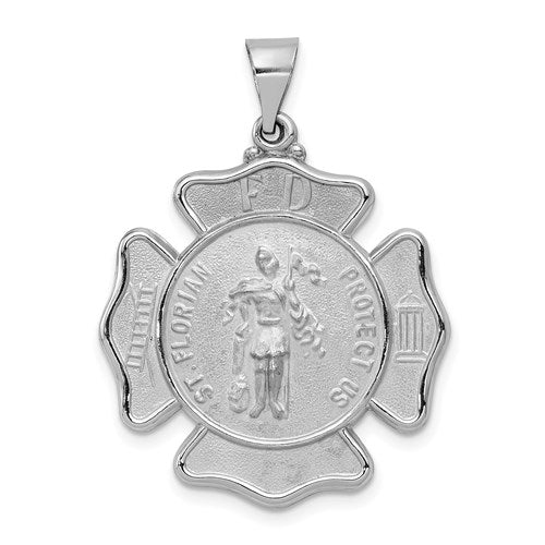 14k-white-gold-polish-satin-st-florian-badge-medal-hollow-pendant-SolomonJeweler-Wichita-KS-CustomJewelry
