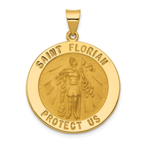 14k-polished-and-satin-st-florian-medal-hollow-pendant-SolomonJeweler-Wichita-KS-CustomJewelry