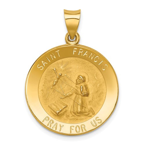 14k-polished-and-satin-st-francis-medal-hollow-pendant-SolomonJeweler-Wichita-KS-CustomJewelry