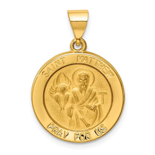 14k-polished-and-satin-st-matthew-medal-hollow-pendant-SolomonJeweler-Wichita-KS-CustomJewelry
