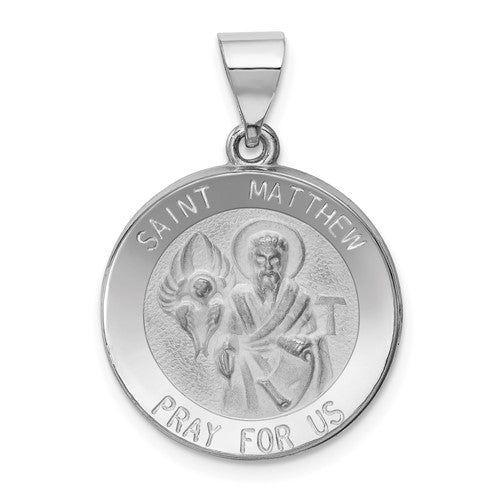 14k-white-gold-polished-and-satin-st-matthew-hollow-pendant-SolomonJeweler-Wichita-KS-CustomJewelry