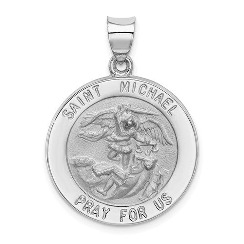 14k-white-gold-polished-satin-st-michael-medal-hollow-pendant-SolomonJeweler-Wichita-KS-CustomJewelry