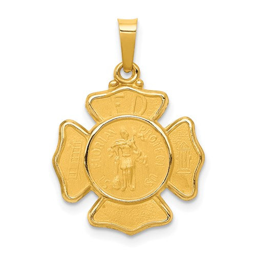 14k-polished-and-satin-st-florian-badge-medal-hollow-pendant-SolomonJeweler-Wichita-KS-CustomJewelry