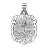 14k-white-gold-polish-satin-st-michael-badge-medal-hollow-pendant-SolomonJeweler-Wichita-KS-CustomJewelry