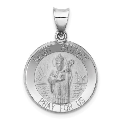 14k-white-gold-polished-and-satin-st-patrick-medal-hollow-pendant-SolomonJeweler-Wichita-KS-CustomJewelry