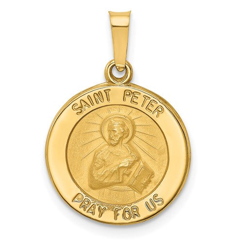 14k-polished-and-satin-st-peter-medal-hollow-pendant-SolomonJeweler-Wichita-KS-CustomJewelry