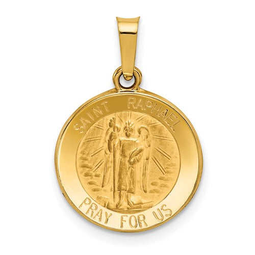 14k-polished-and-satin-st-raphael-medal-hollow-pendant-SolomonJeweler-Wichita-KS-CustomJewelry