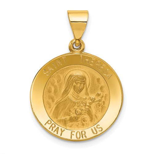 14k-polished-and-satin-st-theresa-medal-hollow-pendant-SolomonJeweler-Wichita-KS-CustomJewelry