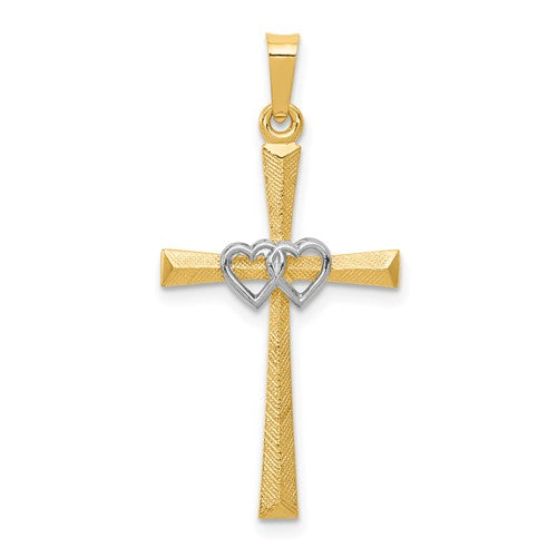 14k-two-tone-textured-and-polished-latin-cross-w-hearts-pendant-SolomonJeweler-Wichita-KS-CustomJewelry