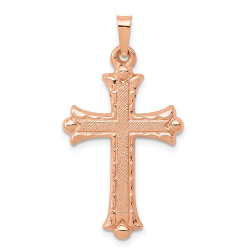 14k-rose-gold-brushed-and-polished-budded-cross-pendant-SolomonJeweler-Wichita-KS-CustomJewelry