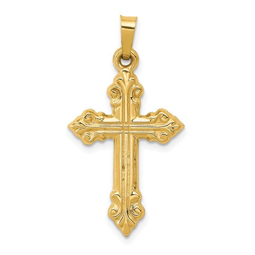 14k-brushed-and-polished-fleur-de-lis-cross-pendant-SolomonJeweler-Wichita-KS-CustomJewelry