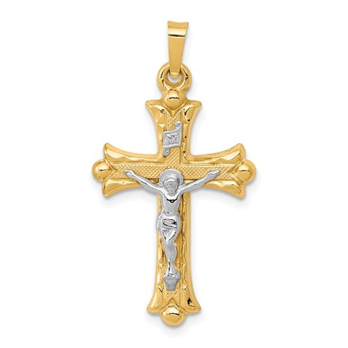 14k-two-tone-textured-and-polished-inri-crucifix-cross-pendant-SolomonJeweler-Wichita-KS-CustomJewelry