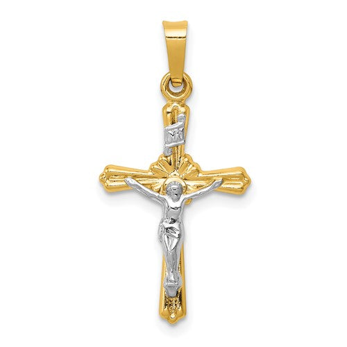 14k-two-tone-flower-center-inri-crucifix-pendant-SolomonJeweler-Wichita-KS-CustomJewelry