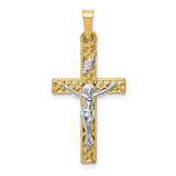 14k-two-tone-polished-lattice-textured-inri-crucifix-pendant-SolomonJeweler-Wichita-KS-CustomJewelry