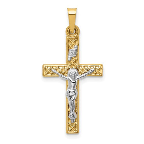 14k-two-tone-polished-lattice-textured-inri-crucifix-pendant-SolomonJeweler-Wichita-KS-CustomJewelry