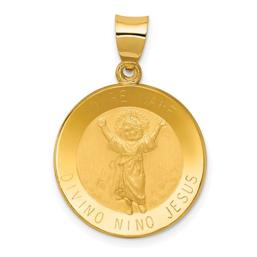 14k-polished-satin-hollow-divino-nino-round-medal-pendant-SolomonJeweler-Wichita-KS-CustomJewelry
