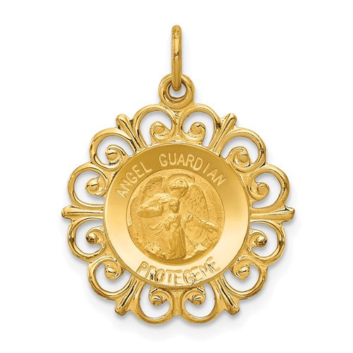 14k-polished-satin-spanish-guardian-angel-medal-hollow-pendant-SolomonJeweler-Wichita-KS-CustomJewelry