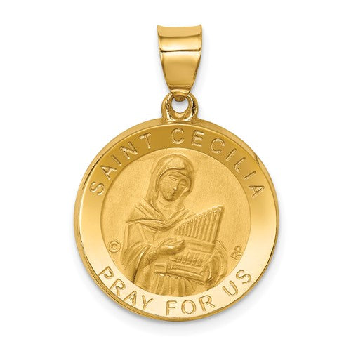 14k-polished-satin-st-cecilia-hollow-medal-pendant-SolomonJeweler-Wichita-KS-CustomJewelry