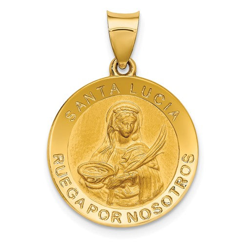 14k-polished-satin-hollow-spanish-st-lucy-medal-pendant-SolomonJeweler-Wichita-KS-CustomJewelry