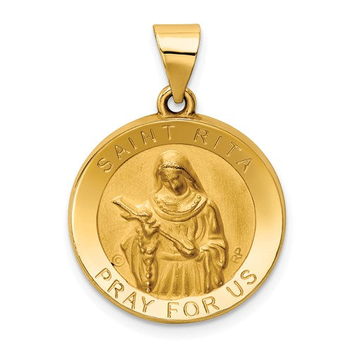 14k-polished-satin-st-rita-hollow-medal-pendant-SolomonJeweler-Wichita-KS-CustomJewelry