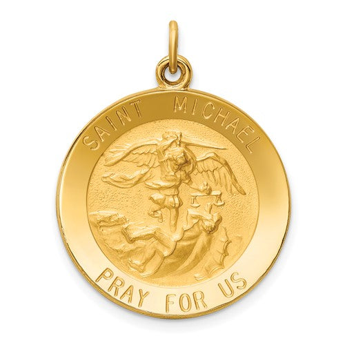 14k-solid-polished-satin-medium-round-st-michael-medal-SolomonJeweler-Wichita-KS-CustomJewelry
