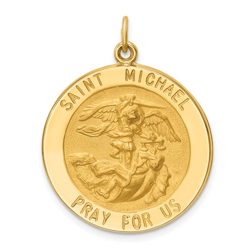 14k-solid-polished-satin-large-round-st-michael-medal-SolomonJeweler-Wichita-KS-CustomJewelry