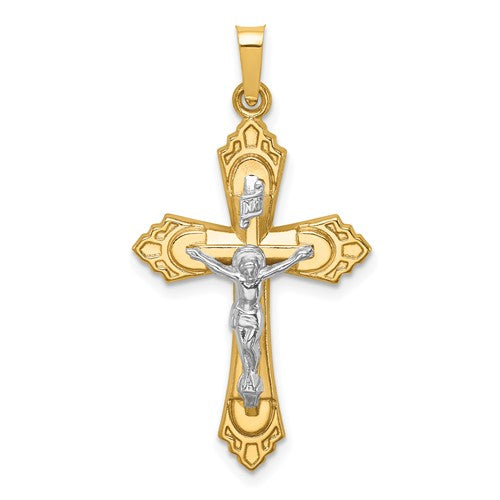 14k-two-tone-hollow-polished-fleur-de-lis-crucifix-SolomonJeweler-Wichita-KS-CustomJewelry