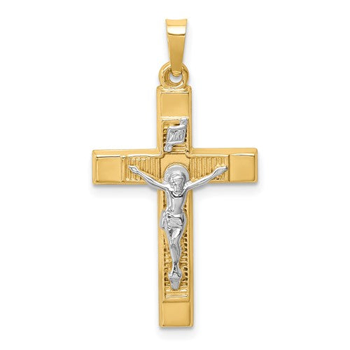 14k-two-tone-hollow-polished-textured-latin-crucifix-SolomonJeweler-Wichita-KS-CustomJewelry