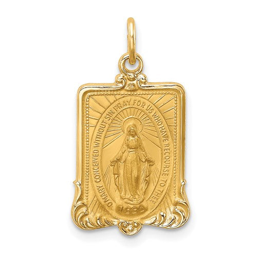 14k-solid-polished-satin-rectangle-framed-miraculous-medal-SolomonJeweler-Wichita-KS-CustomJewelry
