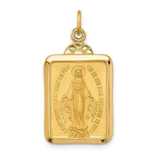 14k-solid-polished-satin-rectangle-w-fan-top-miraculous-medal-SolomonJeweler-Wichita-KS-CustomJewelry