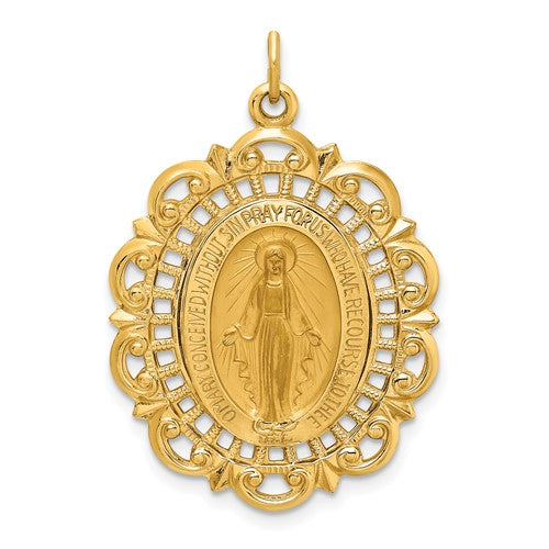 14k-solid-polished-satin-fancy-pierced-oval-miraculous-medal-SolomonJeweler-Wichita-KS-CustomJewelry