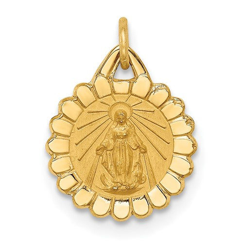 14k-solid-polished-satin-tiny-round-scalloped-miraculous-medal-SolomonJeweler-Wichita-KS-CustomJewelry