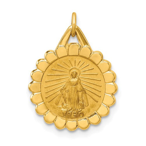 14k-solid-polished-satin-small-round-scalloped-miraculous-medal-SolomonJeweler-Wichita-KS-CustomJewelry