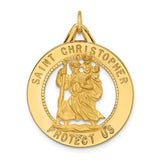 14k gold St. Christopher pendant with polished and satin finish, round cut-out design, from Solomon Jewelers.