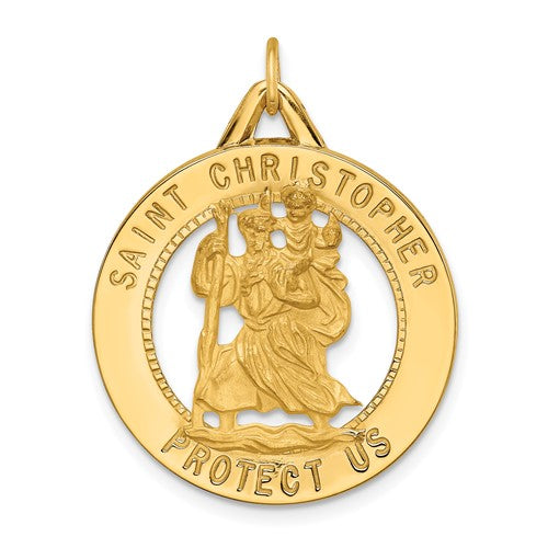 14k gold St. Christopher pendant with polished and satin finish, round cut-out design, from Solomon Jewelers.