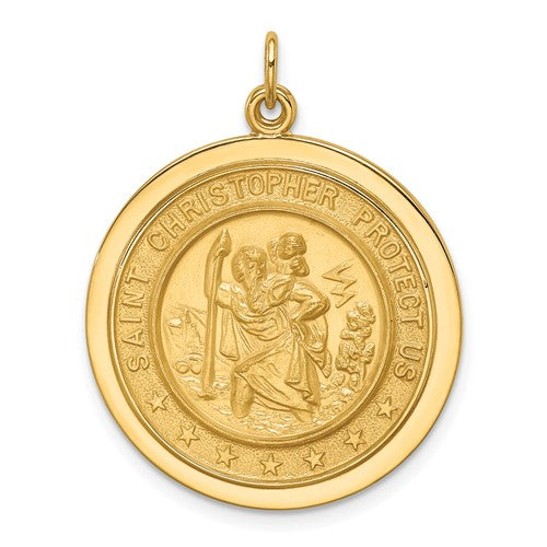 14k-solid-polished-satin-medium-round-disc-st-christopher-medal-SolomonJeweler-Wichita-KS-CustomJewelry