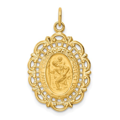 14k-solid-polished-satin-medium-fancy-pierced-oval-st-christopher-medal-SolomonJeweler-Wichita-KS-CustomJewelry