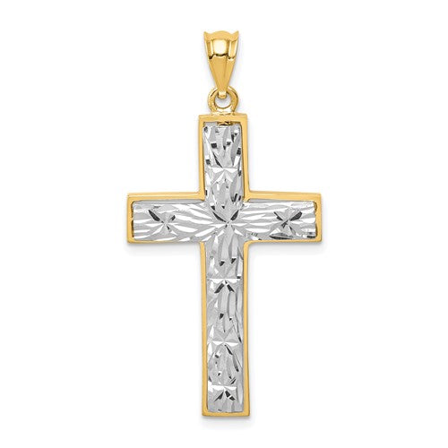 14k-two-tone-polished-diamond-cut-cross-pendant-SolomonJeweler-Wichita-KS-CustomJewelry