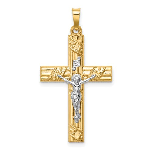 14k-two-tone-hollow-polished-textured-striped-latin-crucifix-SolomonJeweler-Wichita-KS-CustomJewelry