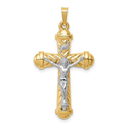 14k-two-tone-hollow-polished-chevron-design-crucifix-SolomonJeweler-Wichita-KS-CustomJewelry