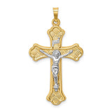 14k-two-tone-hollow-polished-woven-fleur-de-lis-crucifix-SolomonJeweler-Wichita-KS-CustomJewelry