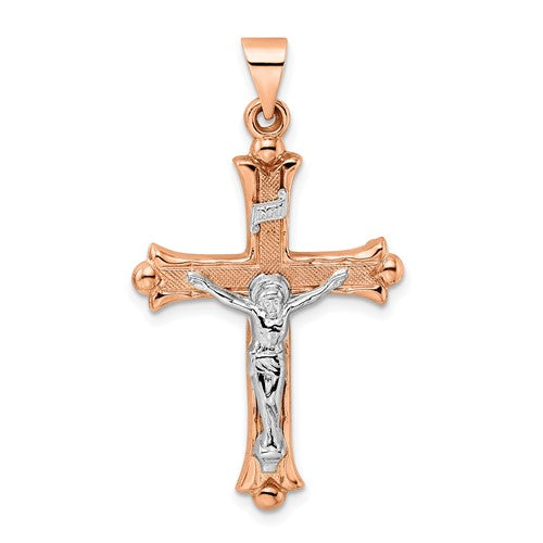 14k-rose-and-white-gold-polished-fleur-de-lis-inri-hollow-crucifix-SolomonJeweler-Wichita-KS-CustomJewelry